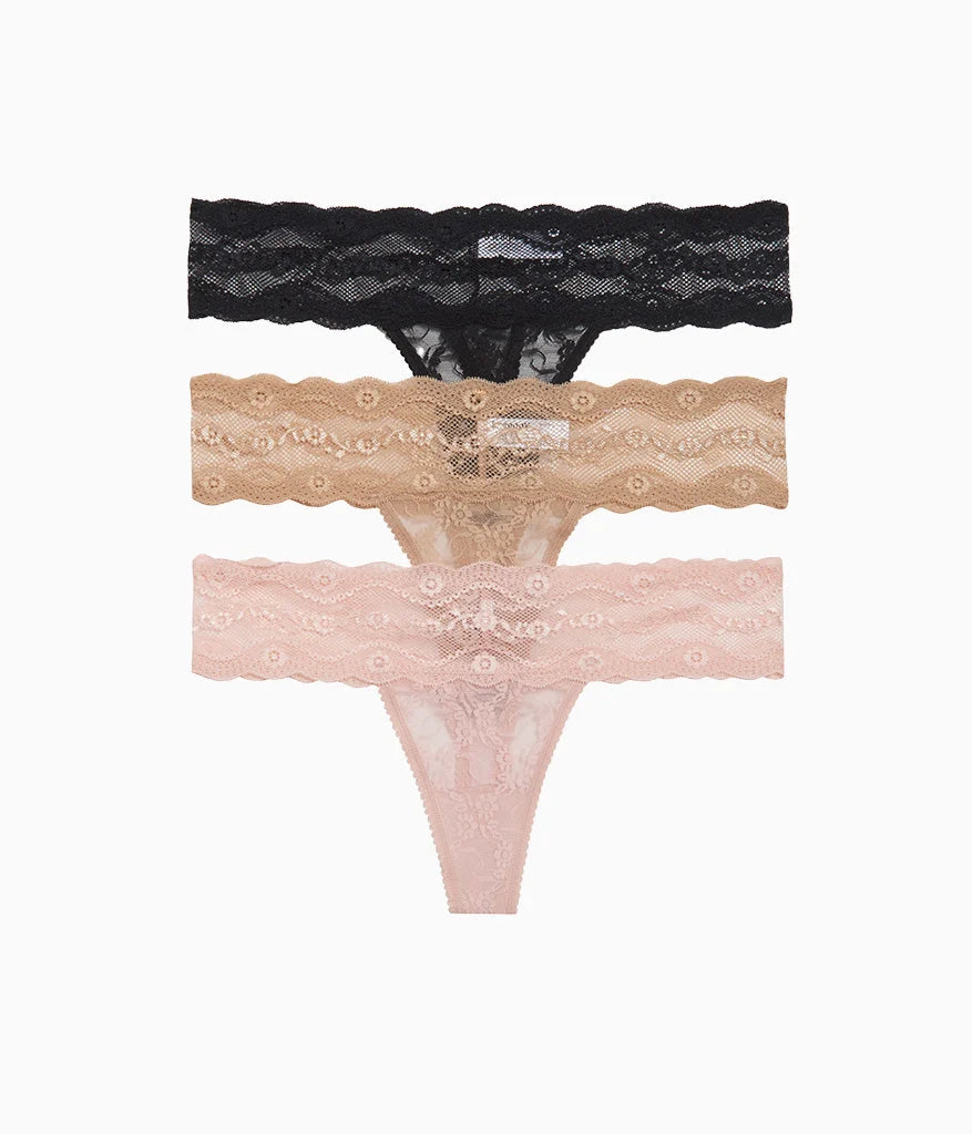 Lace Kiss Thong Panty Pack: Rose Smoke/Au Natural/Night